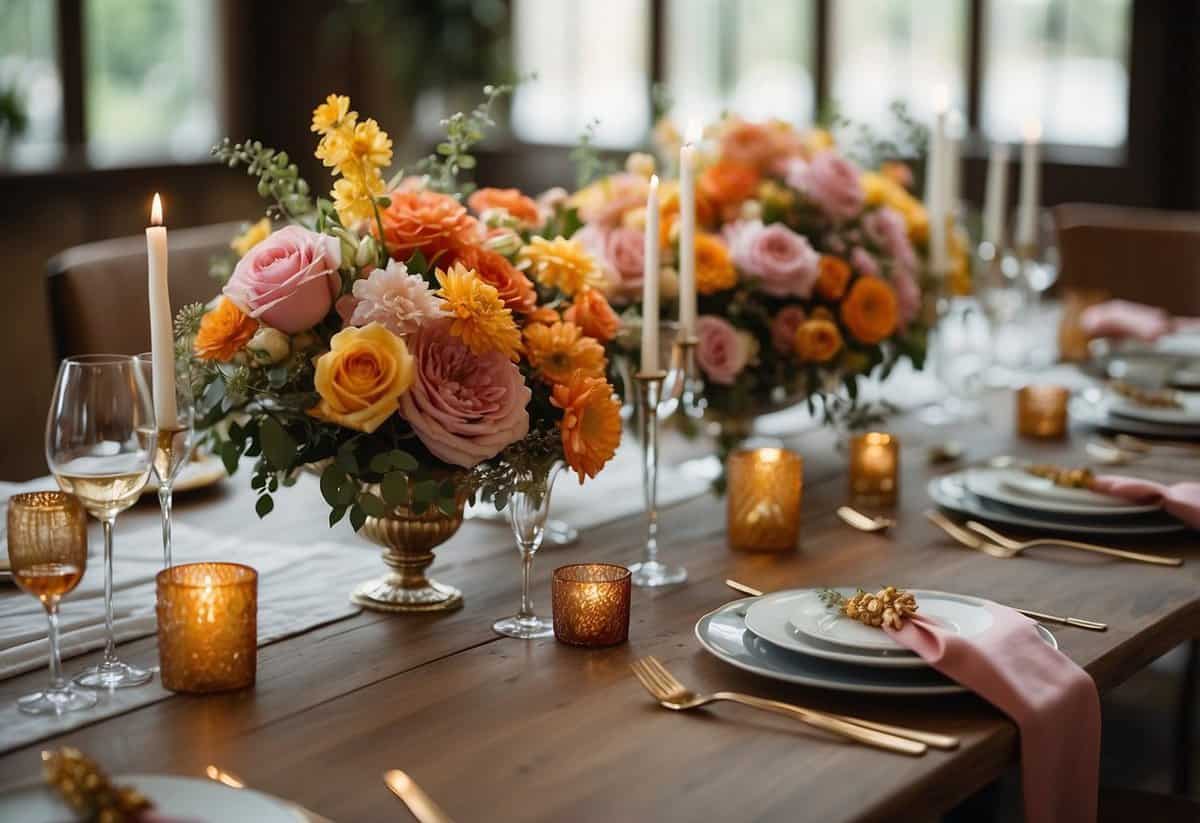 A table adorned with vibrant, fragrant floral arrangements in various sizes and colors, creating an elegant and inviting atmosphere for a wedding celebration