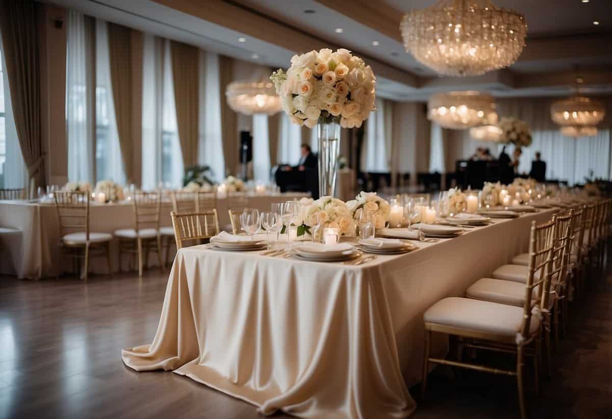 A sleek, modern tablecloth drapes over a table, accented with elegant centerpieces and place settings for a stylish wedding celebration