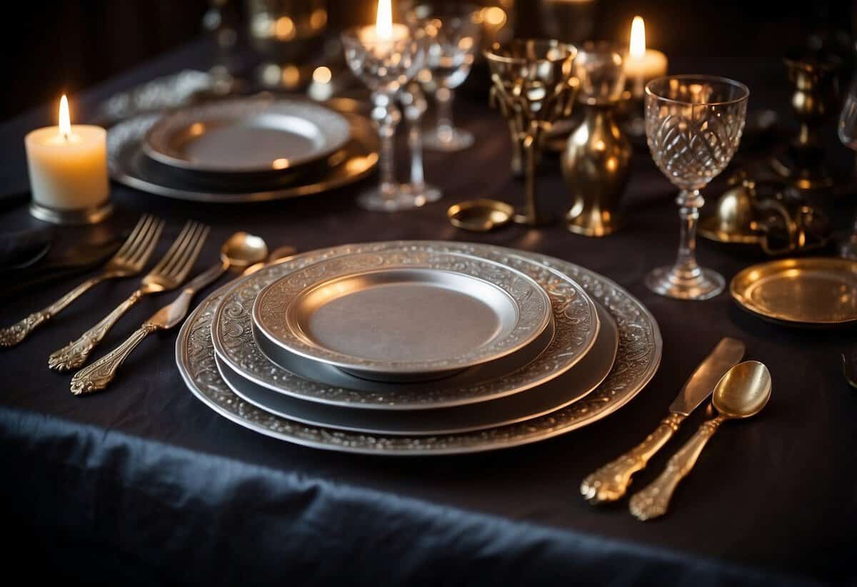 A table set with antique silverware, elegant and ornate, arranged in a symmetrical and balanced manner, with soft candlelight casting a warm glow over the scene