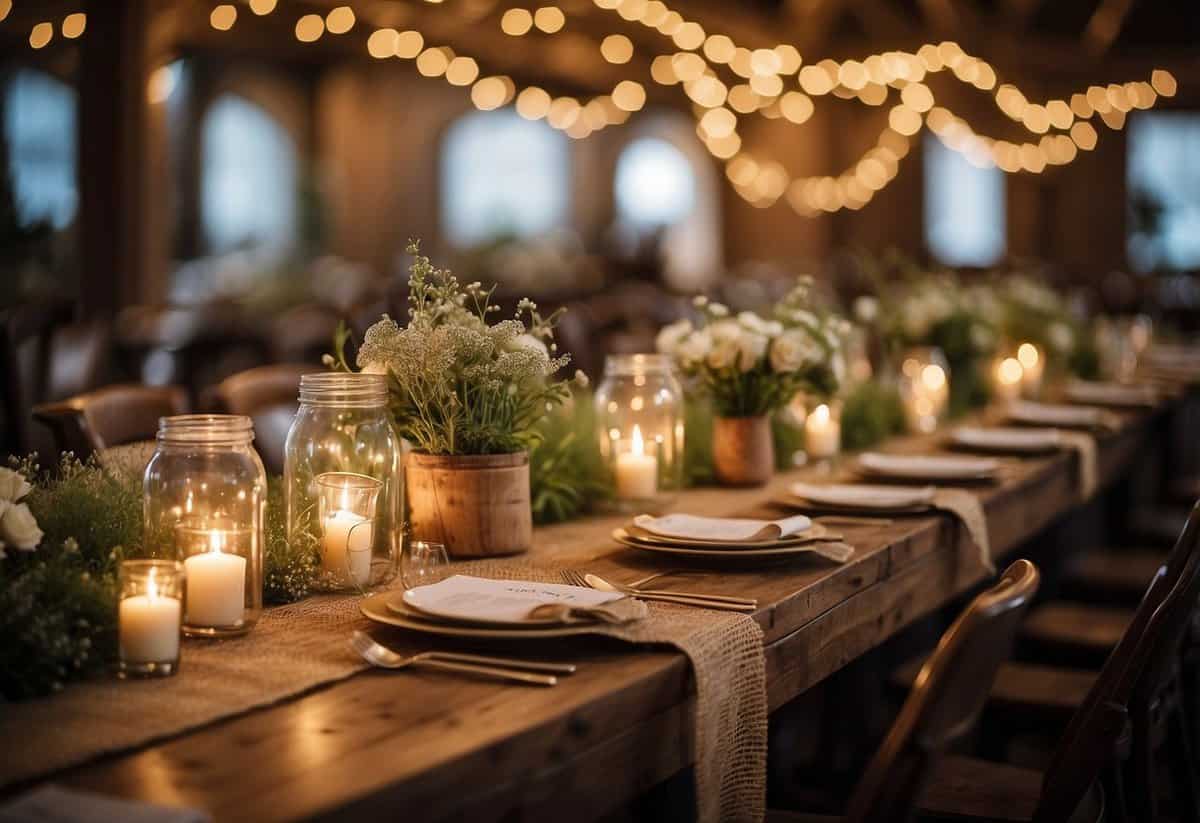 A rustic-themed wedding table with burlap runners, mason jar centerpieces, and wildflower arrangements. Fairy lights and wooden accents add a cozy touch