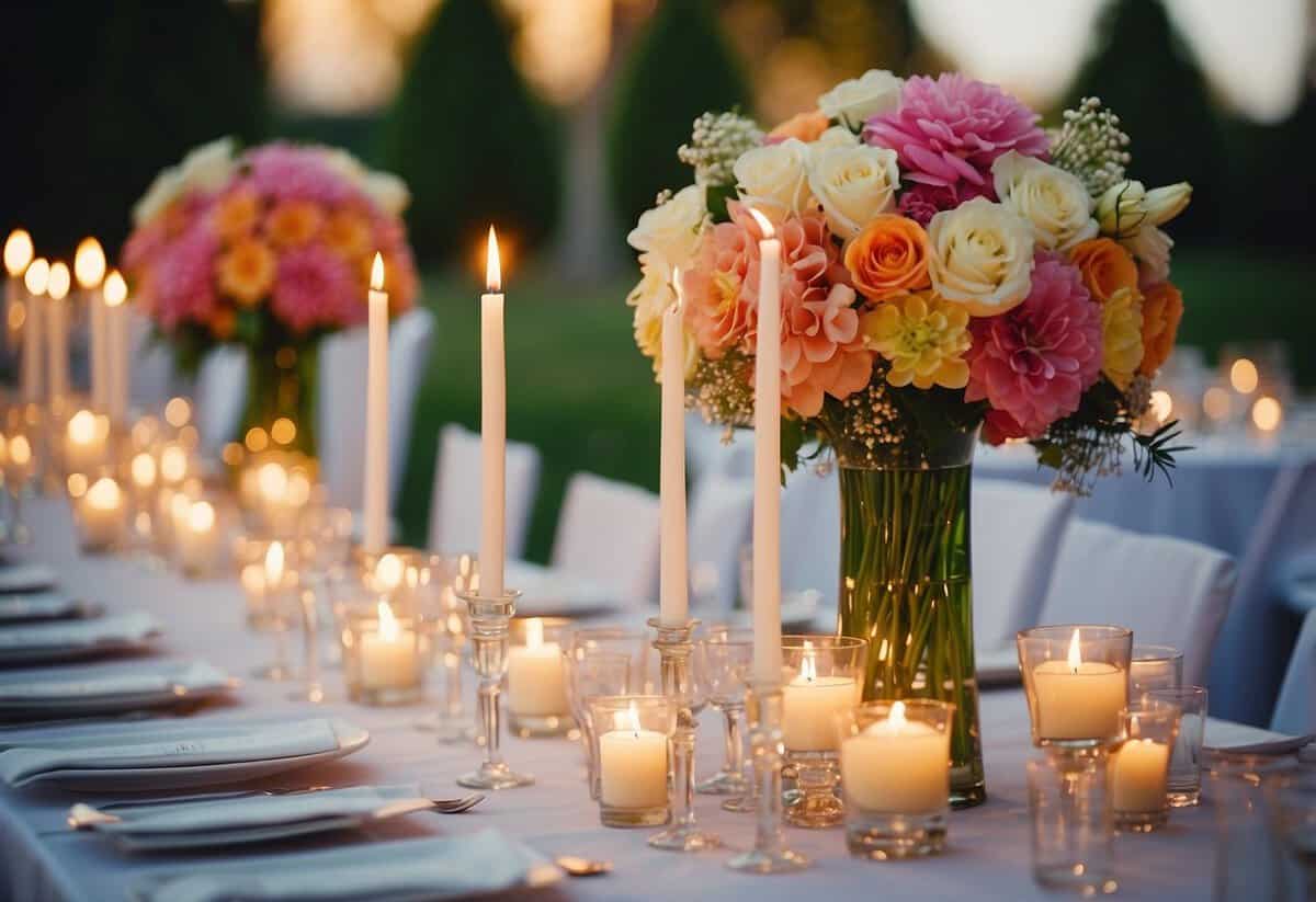 A variety of centerpieces adorn wedding tables, including floral arrangements, candles, and decorative vases