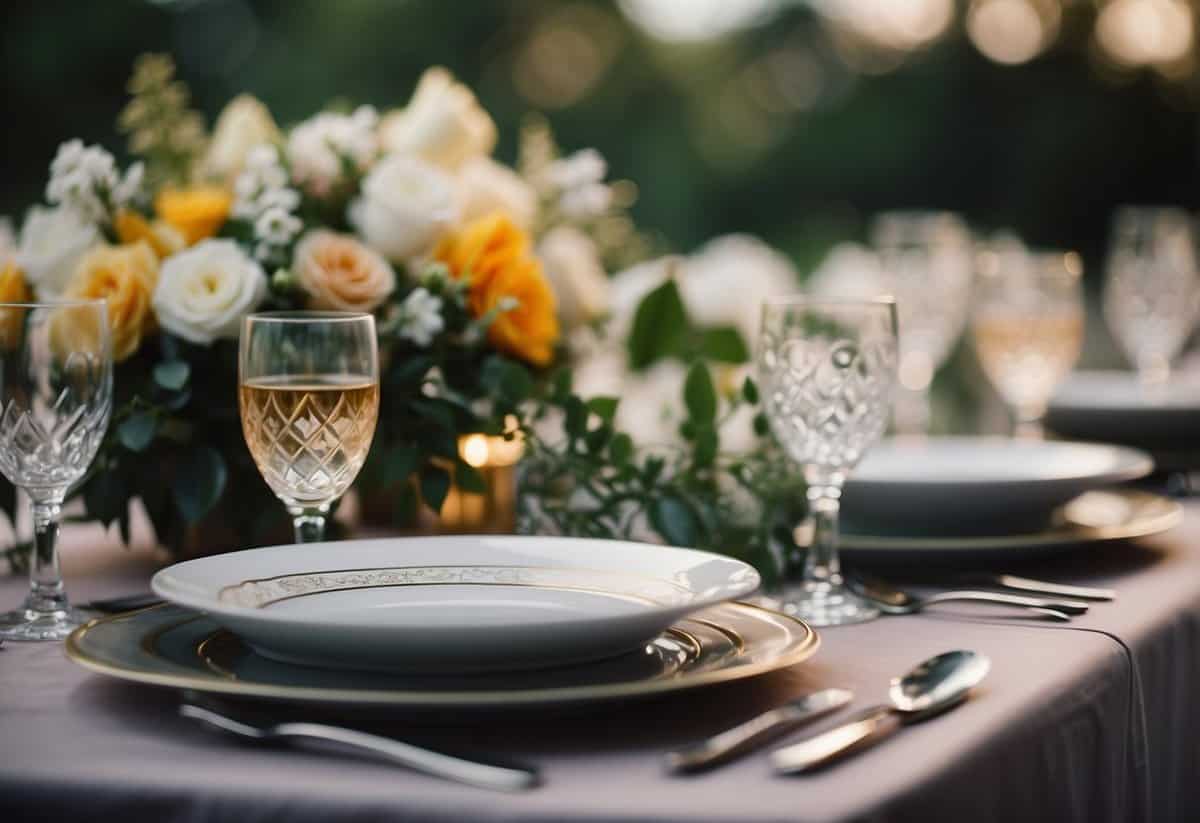 A beautifully set wedding table with personalized place settings, fresh flowers, and elegant tableware