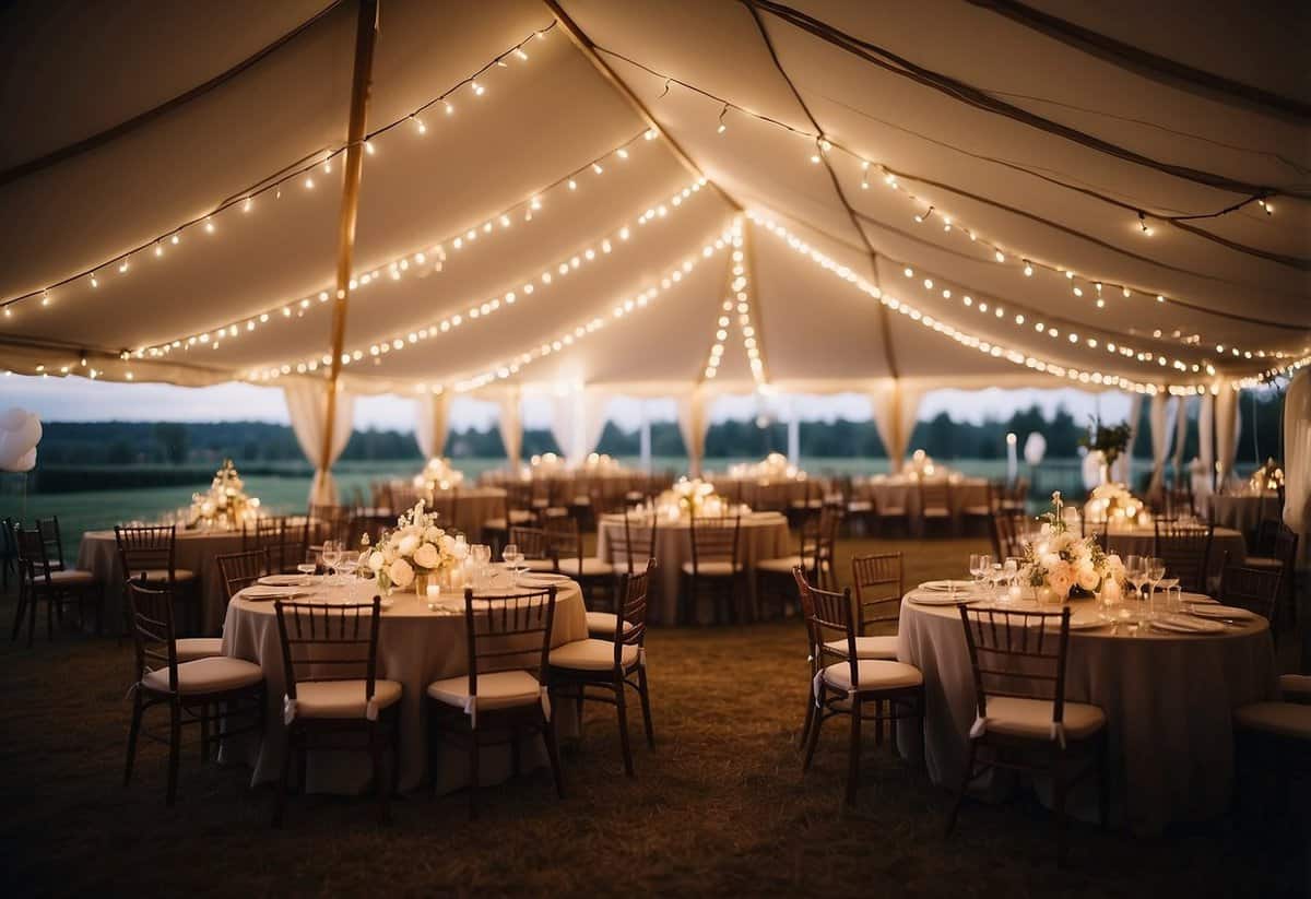 A tent is illuminated with soft, warm lighting, creating a cozy and romantic atmosphere for a wedding reception