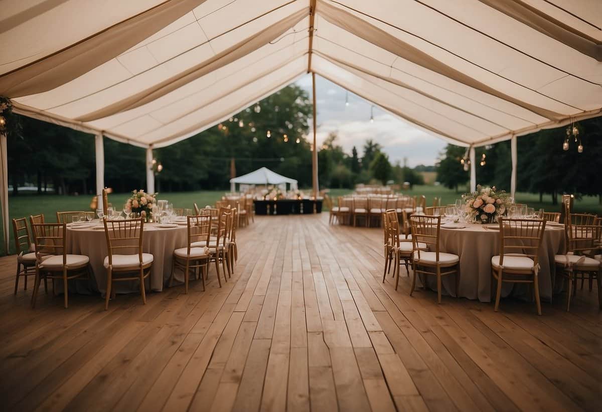 A spacious outdoor tent with elegant high-quality flooring for a luxurious wedding reception