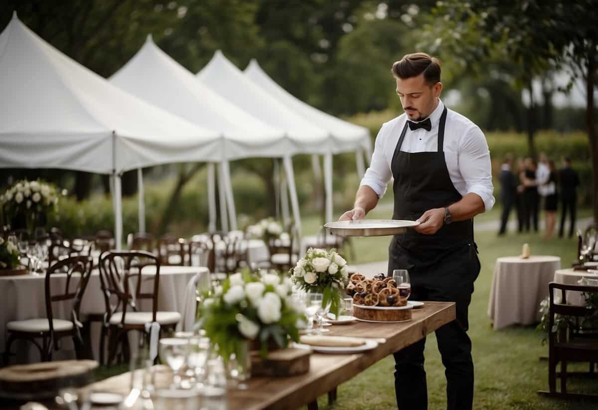 A professional caterer sets up a tent for a wedding, arranging tables and chairs, and preparing food and drinks for the event