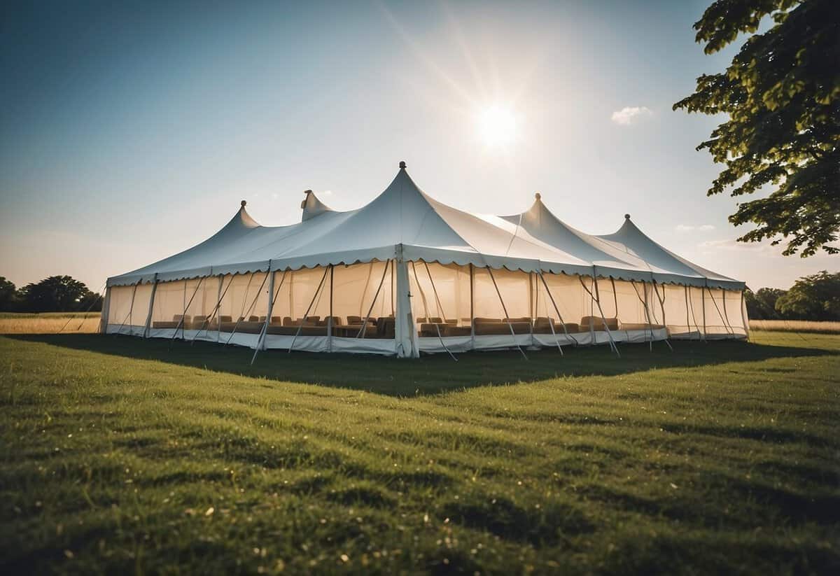 A white tent set up in a lush green field, with various climate control options such as fans and air conditioning units placed strategically around the perimeter