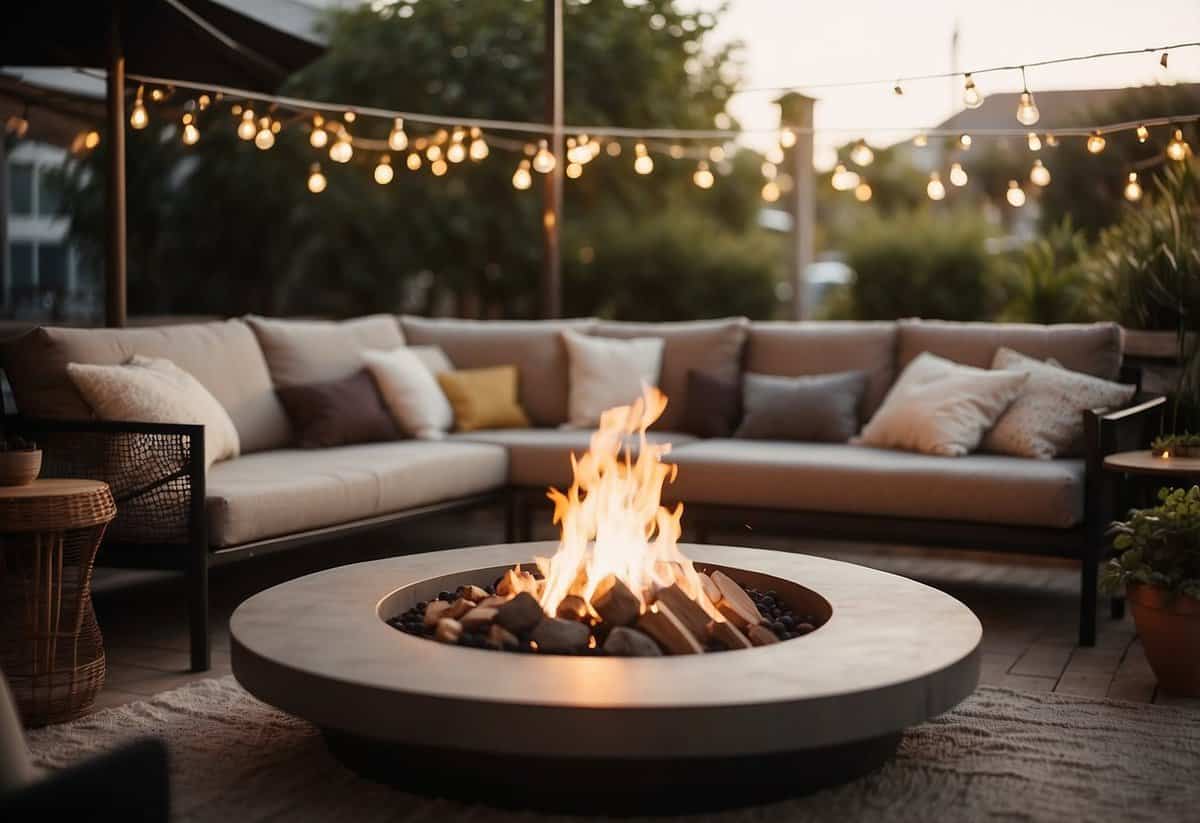 A cozy lounge area with soft cushions, warm lighting, and draped fabric. A small fire pit in the center adds a touch of warmth and ambiance