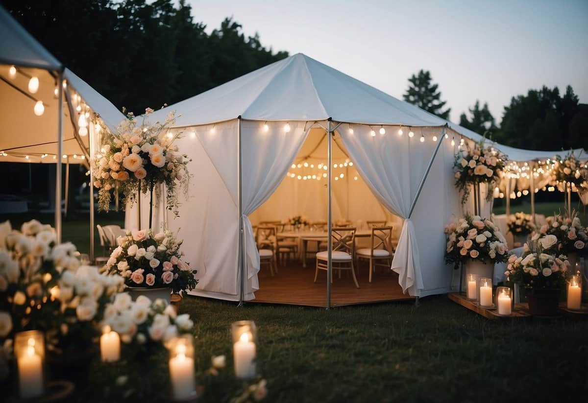 A sleek white tent stands adorned with elegant floral arrangements, surrounded by twinkling lights. A sign reads "Stylish Portable Restrooms" in elegant calligraphy