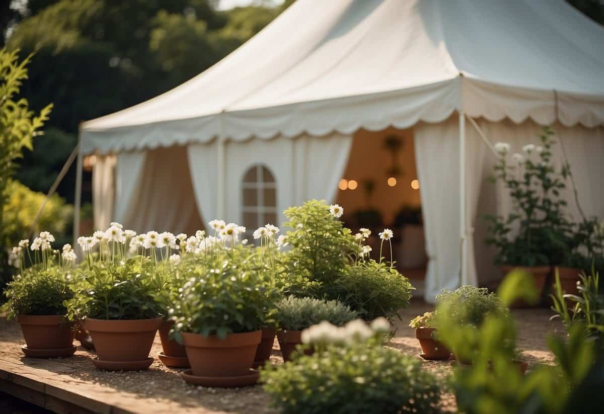 A white tent set up in a garden, with potted plants and flowers surrounding the perimeter. Bug control devices, such as citronella candles and mosquito nets, are strategically placed around the area