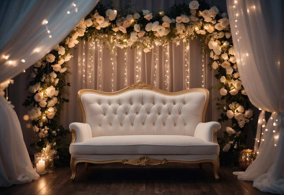 A white tent adorned with fairy lights and flowers, a vintage couch, and a backdrop of twinkling stars for a romantic photo booth at a wedding