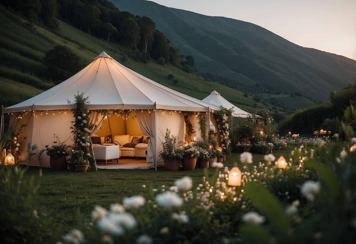 A picturesque outdoor setting with a spacious, elegant tent adorned with fairy lights and floral decorations, set against a backdrop of lush greenery and rolling hills