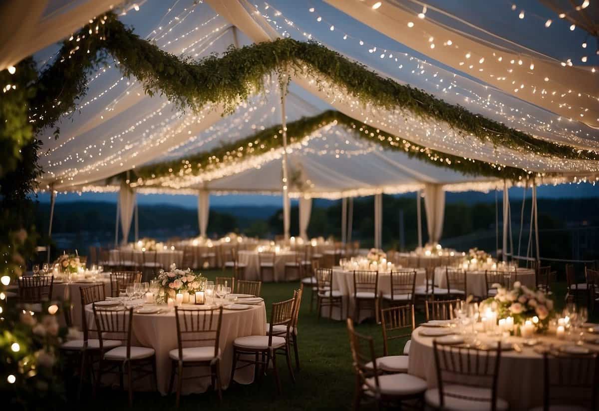 A tent adorned with twinkling lights, flowing fabric, and lush greenery creates a romantic and elegant atmosphere for a wedding celebration