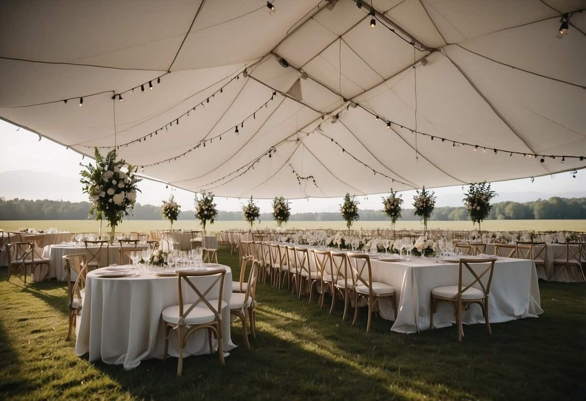 A white wedding tent is being set up on a grassy field, with tables and chairs arranged neatly inside. A team of workers is busy organizing the logistics and decor for the event