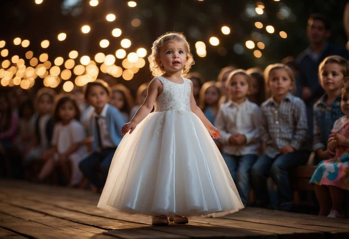 A toddler stands on a platform, dressed in a mini wedding gown. A spotlight shines on them, while other children look on in awe