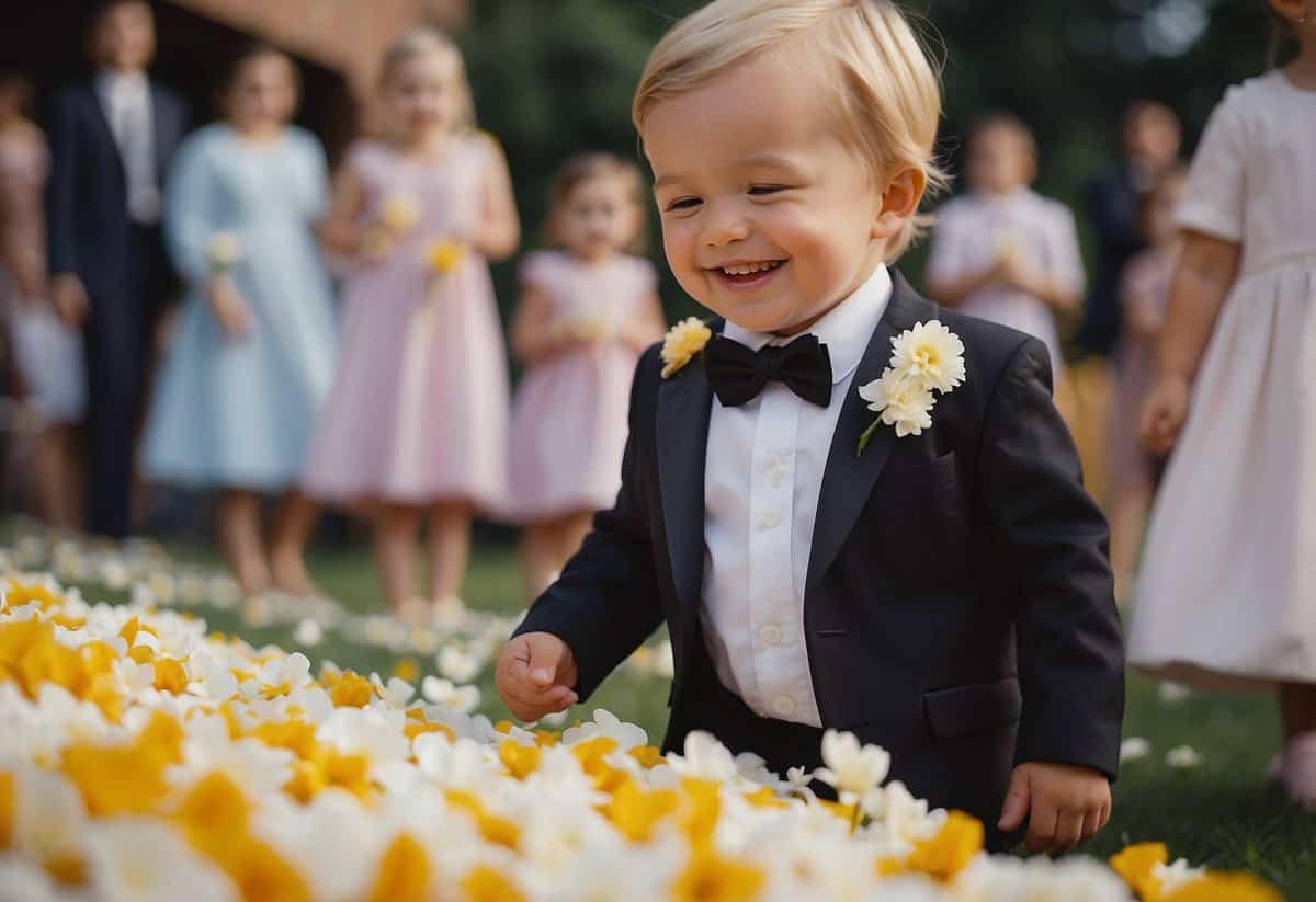 A toddler in formal attire plays with flower petals at a wedding, smiling and laughing with joy