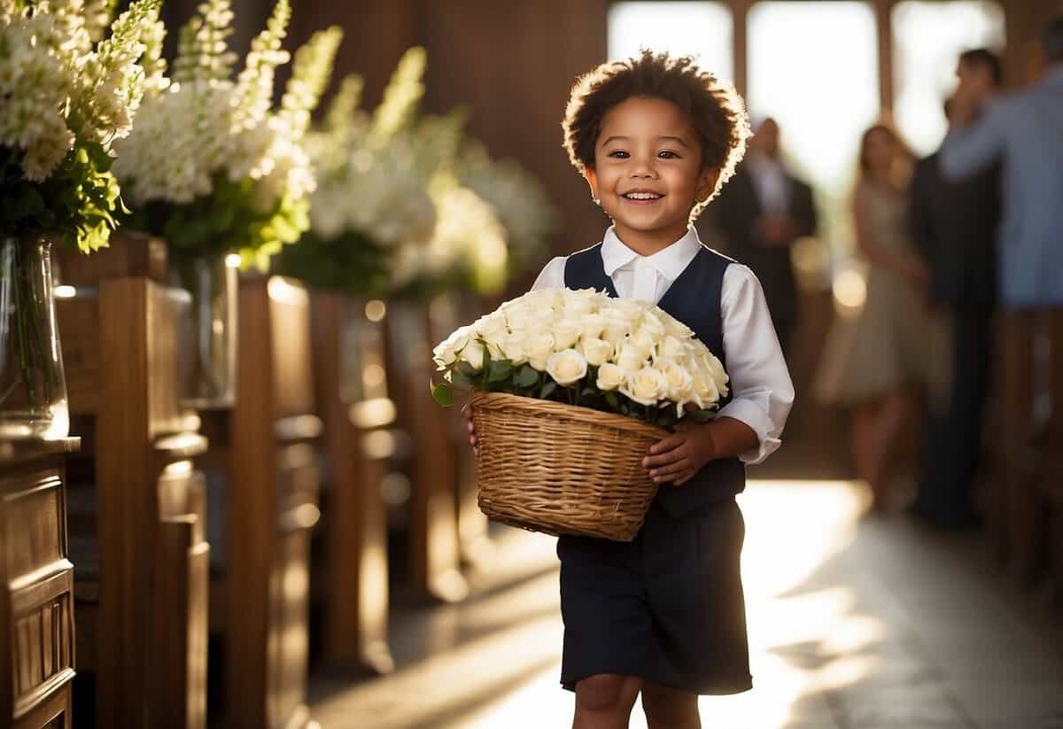 A young child holding a basket of flowers walks down the aisle, smiling and scattering petals as they go. The sun shines through the windows, casting a warm glow on the scene