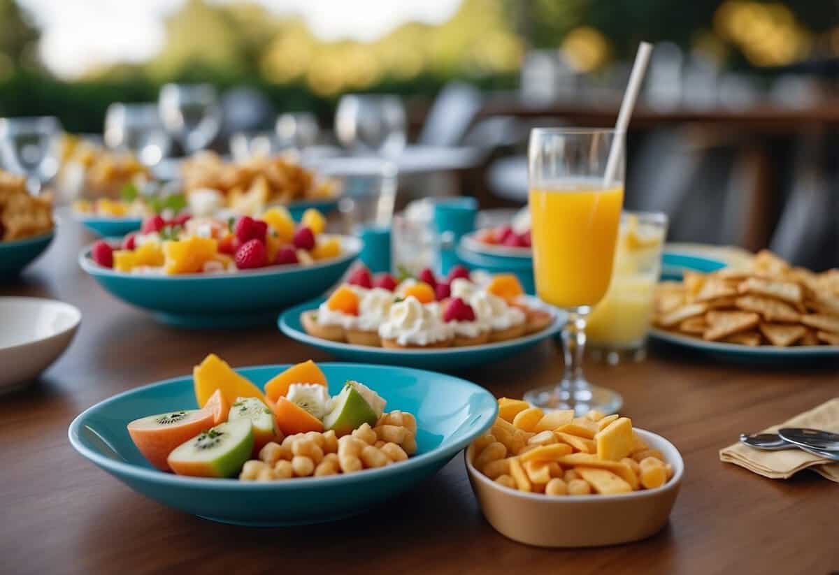 A table with colorful snacks and drinks set up for a toddler wedding, with small cups, plates, and a variety of finger foods