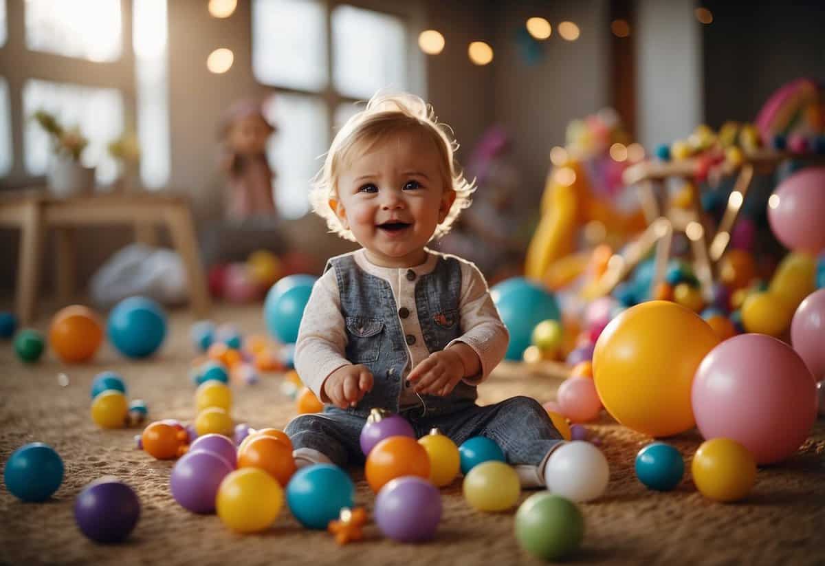 A toddler happily plays with wedding-themed toys, surrounded by colorful decorations and interactive activities