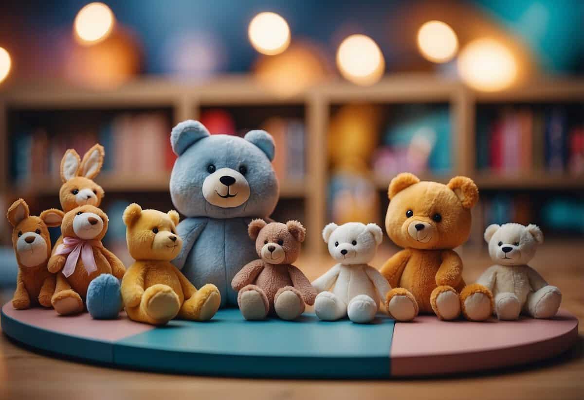 A serene play area with soft toys and books. Wedding tips for toddlers displayed on a colorful board