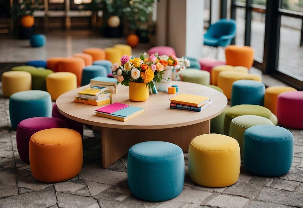 A low table surrounded by small, colorful, cushioned seats. Toys and books scattered around the area, creating a cozy and inviting space for toddlers at a wedding