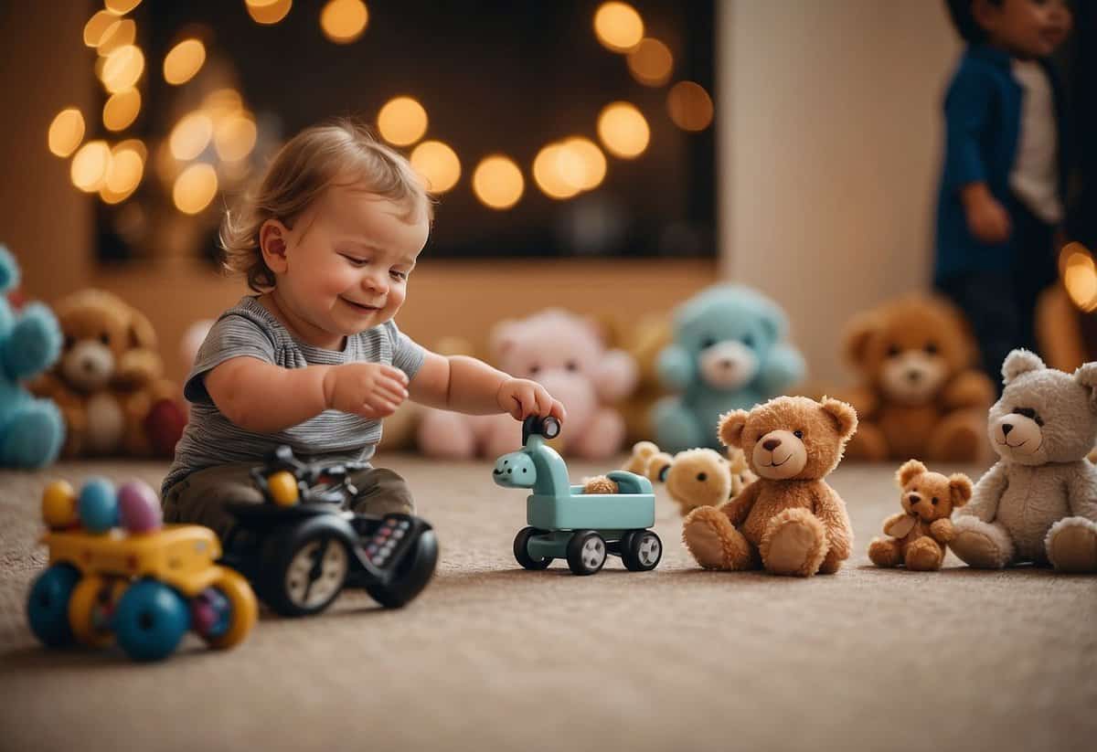 A toddler happily arranges their favorite toys for a pretend wedding, placing them in a line as if they were guests at the ceremony