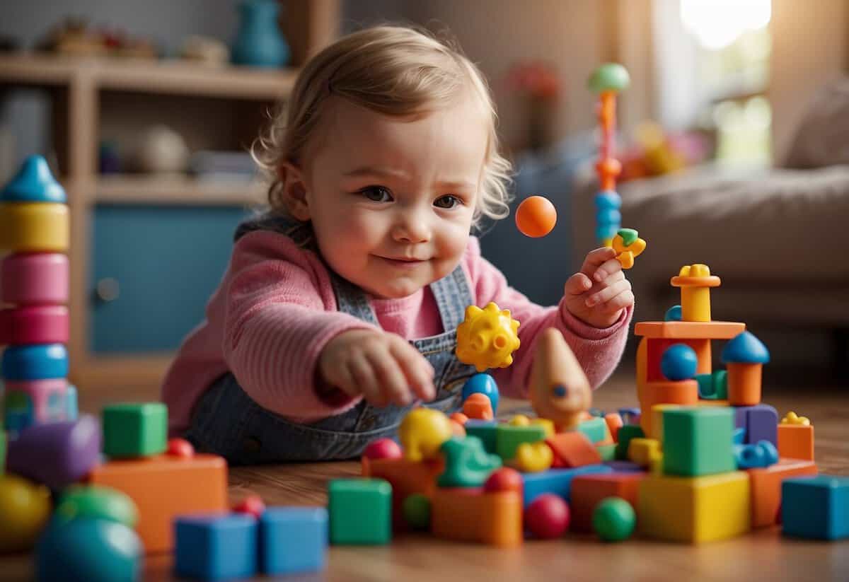 A toddler reaching for a toy, surrounded by colorful and engaging activities, with a caring adult nearby offering support and guidance