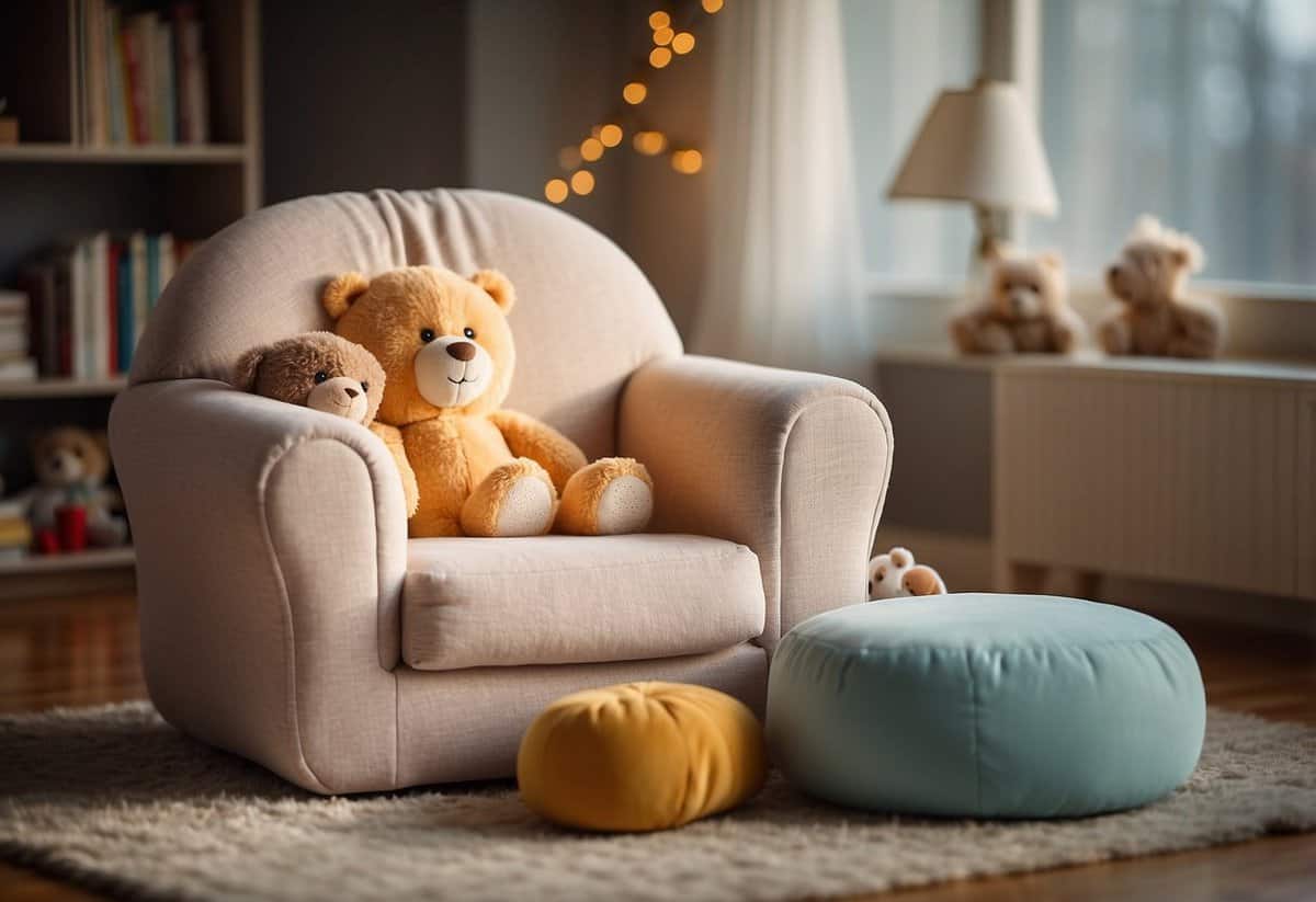 A cozy, child-sized chair surrounded by soft cushions and toys. A gentle, warm light fills the room, creating a peaceful and inviting atmosphere for the toddler