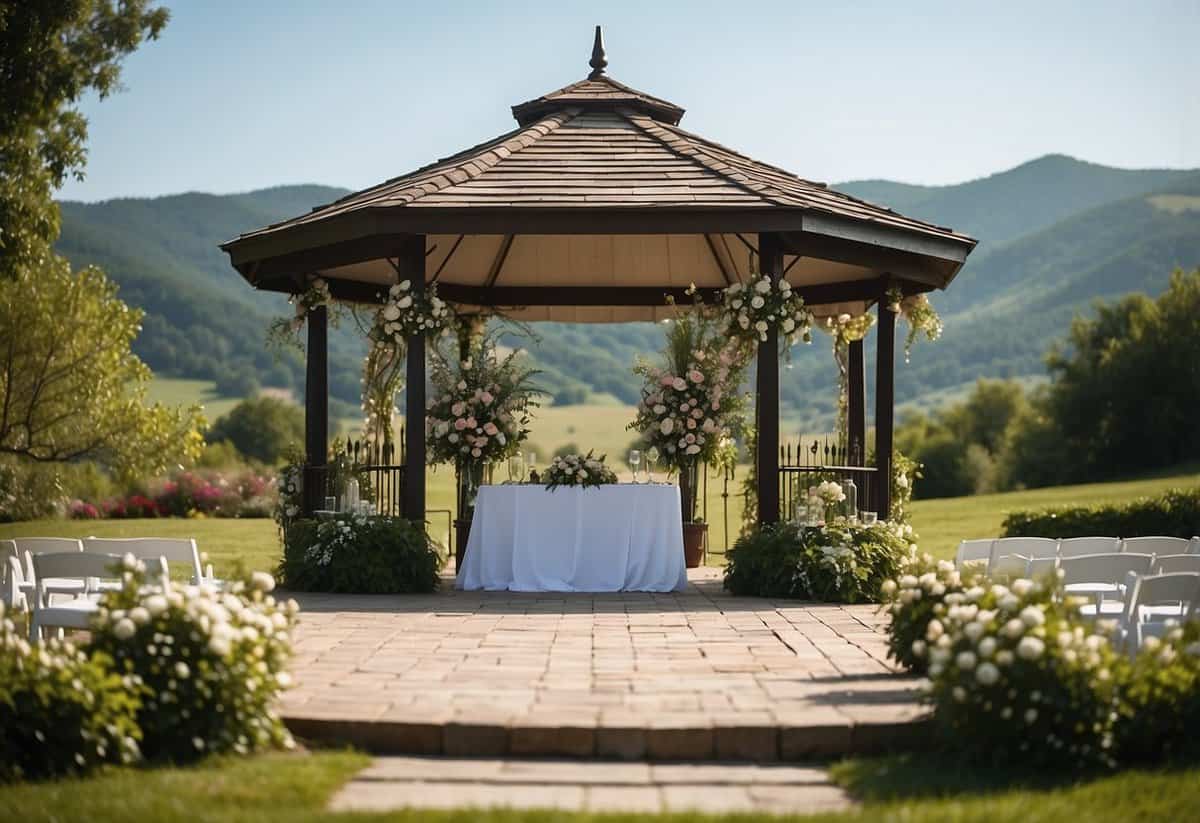 A beautiful outdoor wedding venue with a gazebo, surrounded by blooming flowers and lush greenery, set against a picturesque backdrop of rolling hills and a clear blue sky