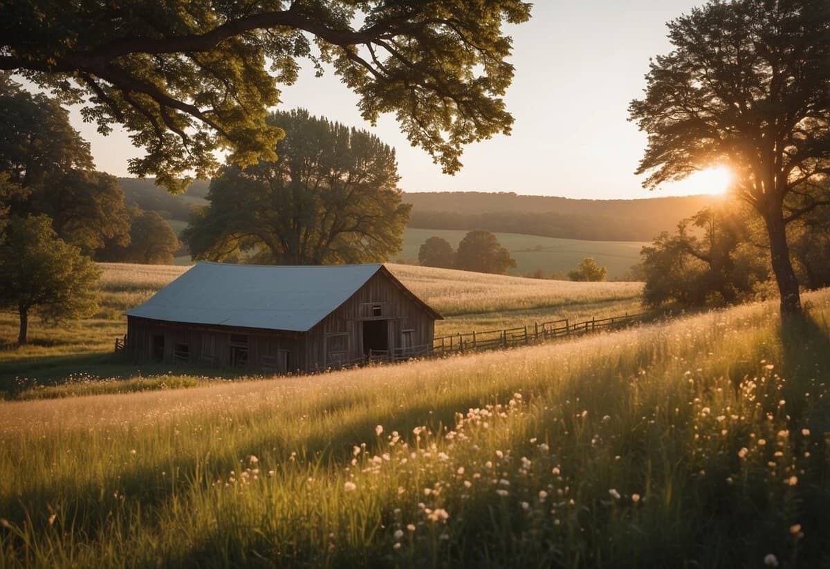 A serene countryside wedding venue with rolling hills, blooming wildflowers, and a rustic barn nestled among the trees. A gentle breeze carries the sound of birds chirping as the sun sets in the distance