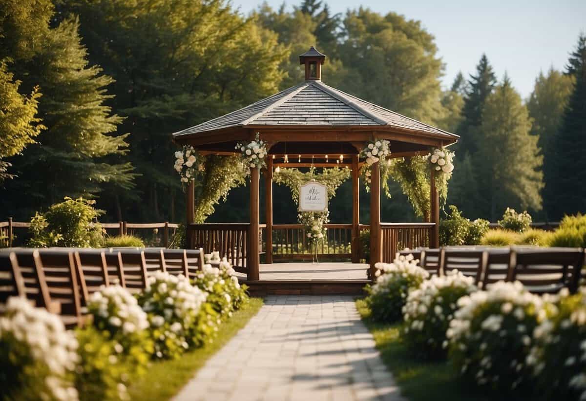A beautiful outdoor wedding venue with a gazebo, surrounded by lush greenery and blooming flowers. A sign advertises "All-Inclusive Packages" for couples