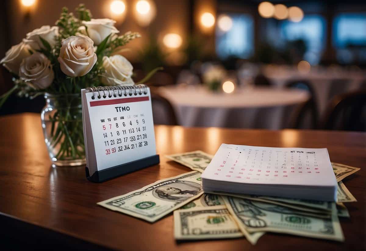 A calendar with "Book Early to Save Money" written on it, surrounded by images of beautiful wedding venues and a stack of money representing savings