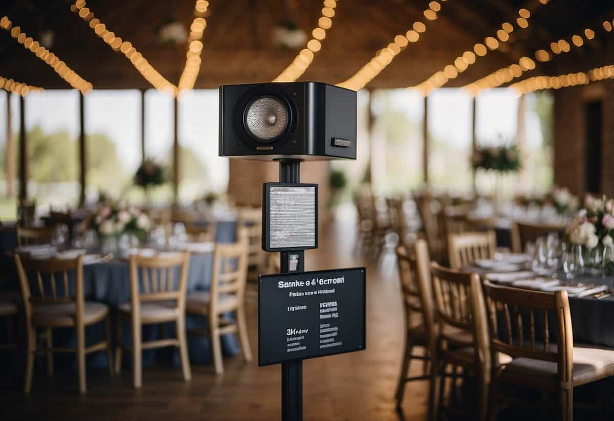 A sign at the entrance of a wedding venue displays noise restrictions with a crossed-out speaker icon