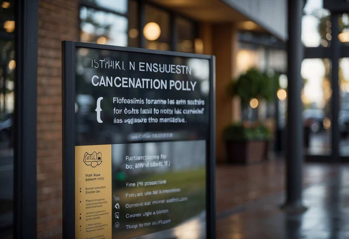 The venue's cancellation policy is displayed on a sign near the entrance, with clear and concise wording for easy understanding