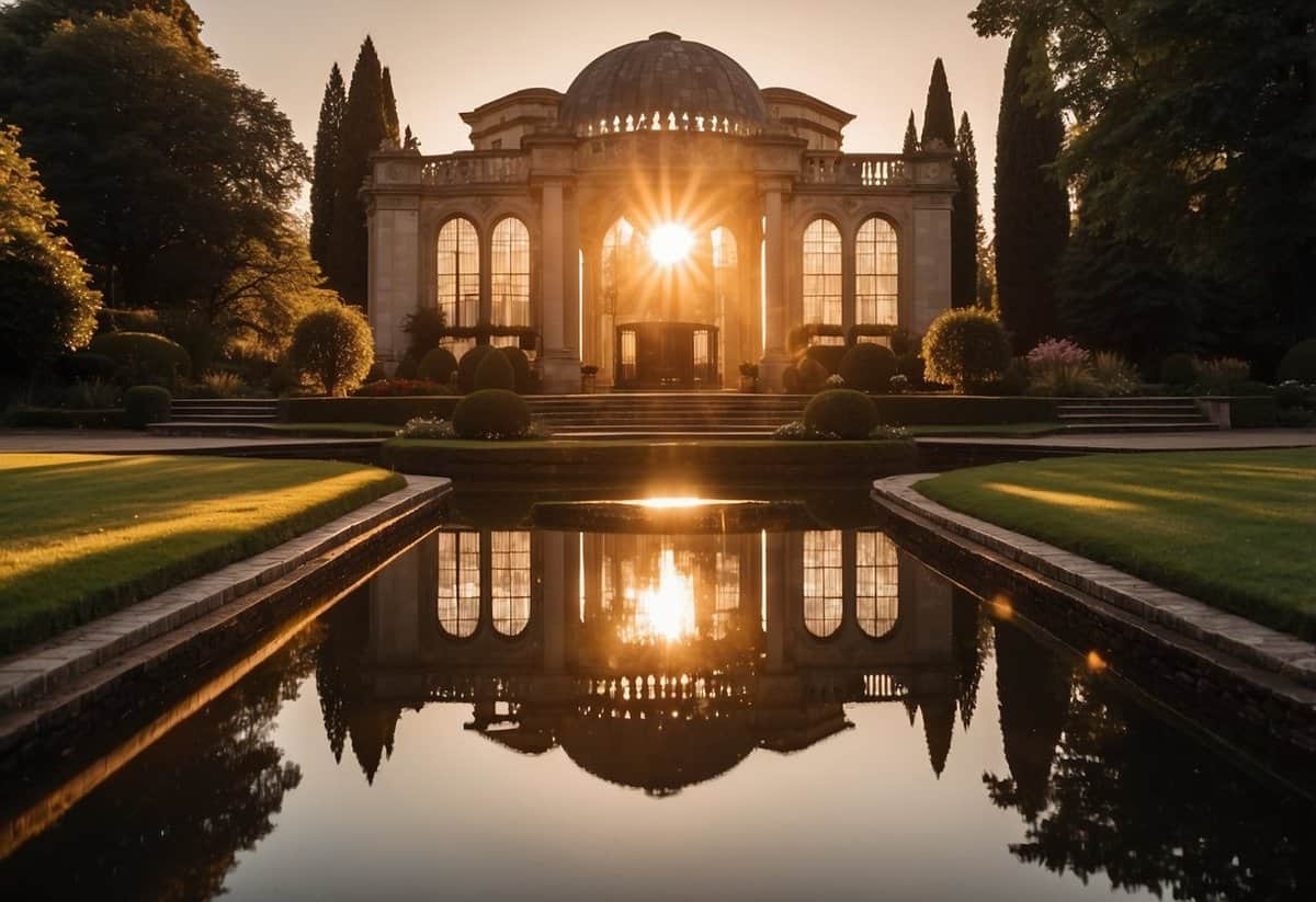 The sun sets behind the elegant venue, casting a warm glow on the surrounding gardens and reflecting off the tranquil pond. The soft light highlights the intricate details of the architecture, creating a romantic and enchanting atmosphere