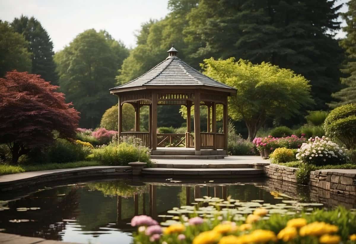 A lush garden with a gazebo and blooming flowers, surrounded by trees and a serene pond, perfect for an outdoor wedding venue