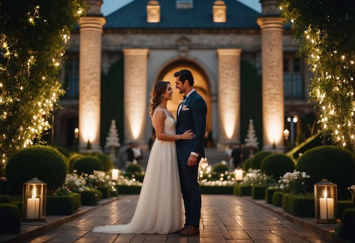 A couple stands in front of a grand, elegant venue, surrounded by lush gardens and twinkling lights, as they envision their perfect wedding day