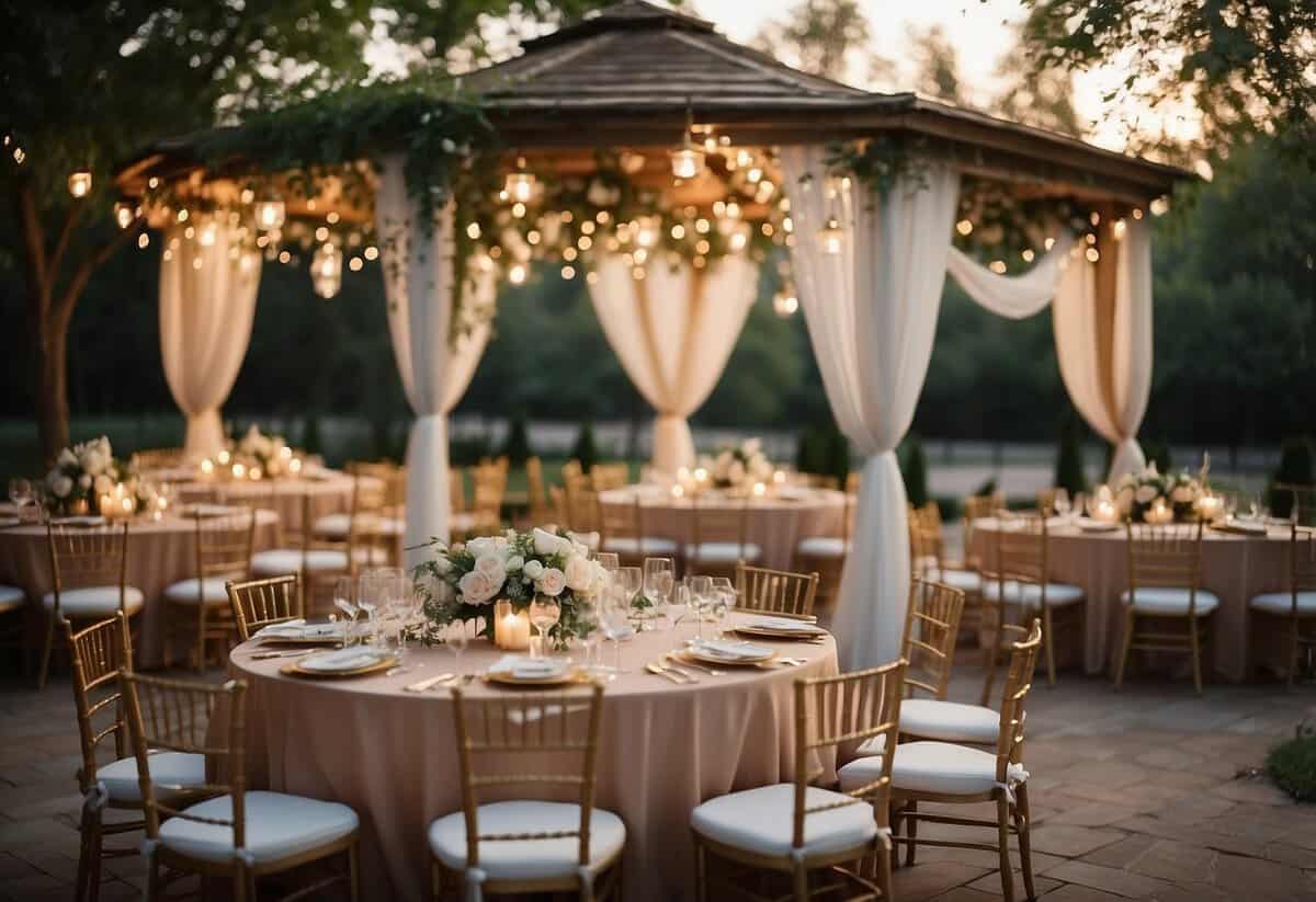 A wedding venue with elegant decor, spacious seating, and romantic lighting. Outdoor garden setting with a gazebo and flowing drapery