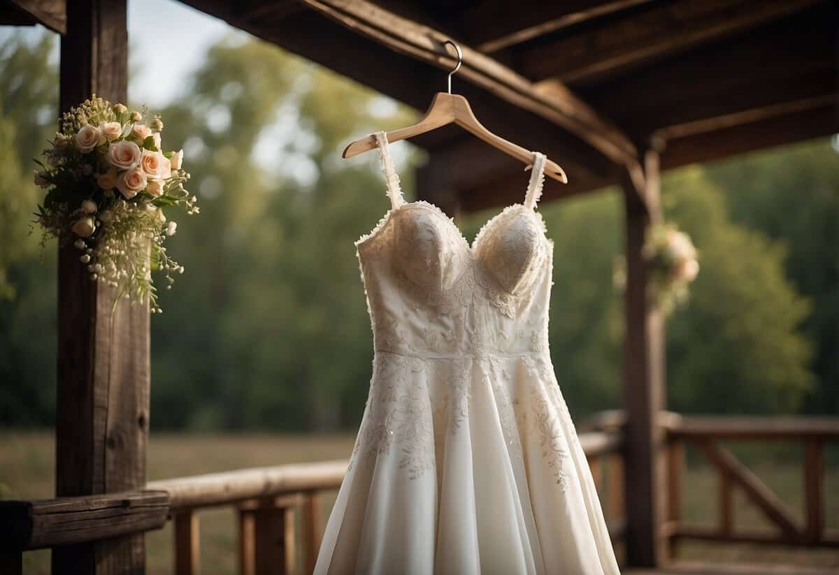 A wedding dress hanging on a rustic wooden hanger, billowing in the wind, with heavy fabrics like satin or taffeta