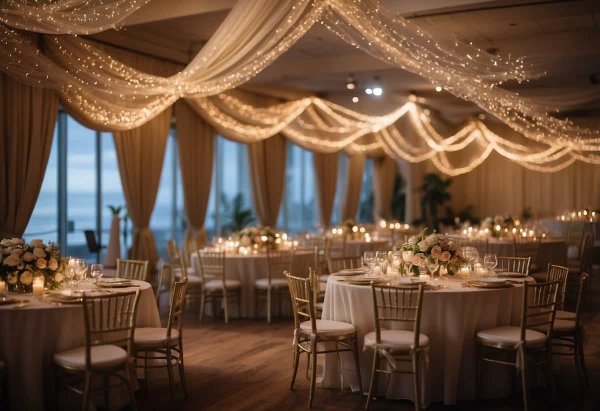 An indoor reception area with flowing drapes, fluttering tablecloths, and swaying floral arrangements. Twinkling lights cast a warm glow, while guests mingle amidst the gentle breeze