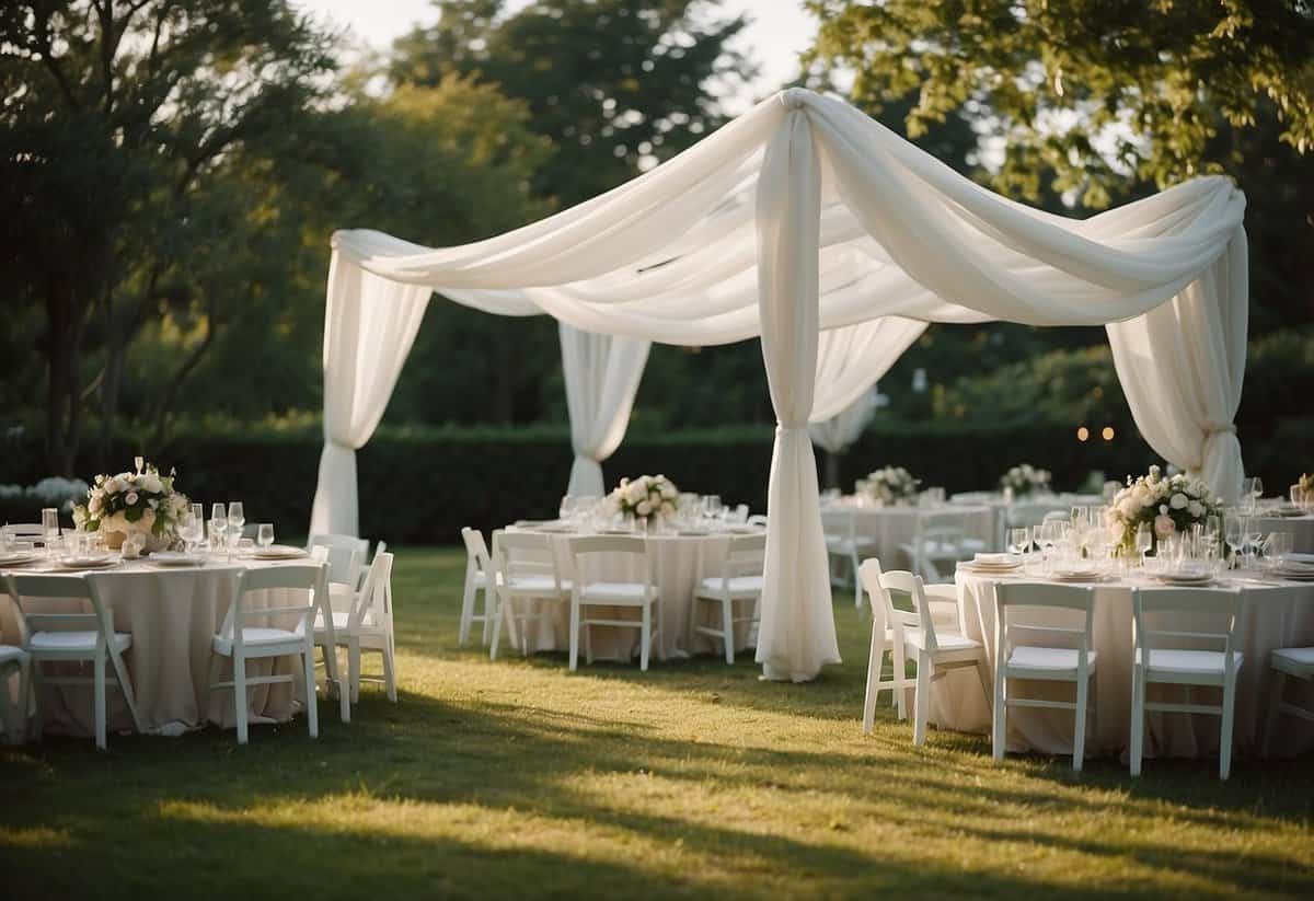 A serene outdoor wedding with billowing fabric draped over tables and chairs, as the gentle breeze rustles through the decorations