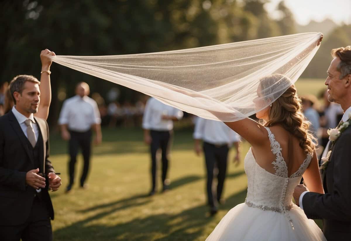 A bride's veil flies in the wind as a backup plan unfolds at an outdoor wedding