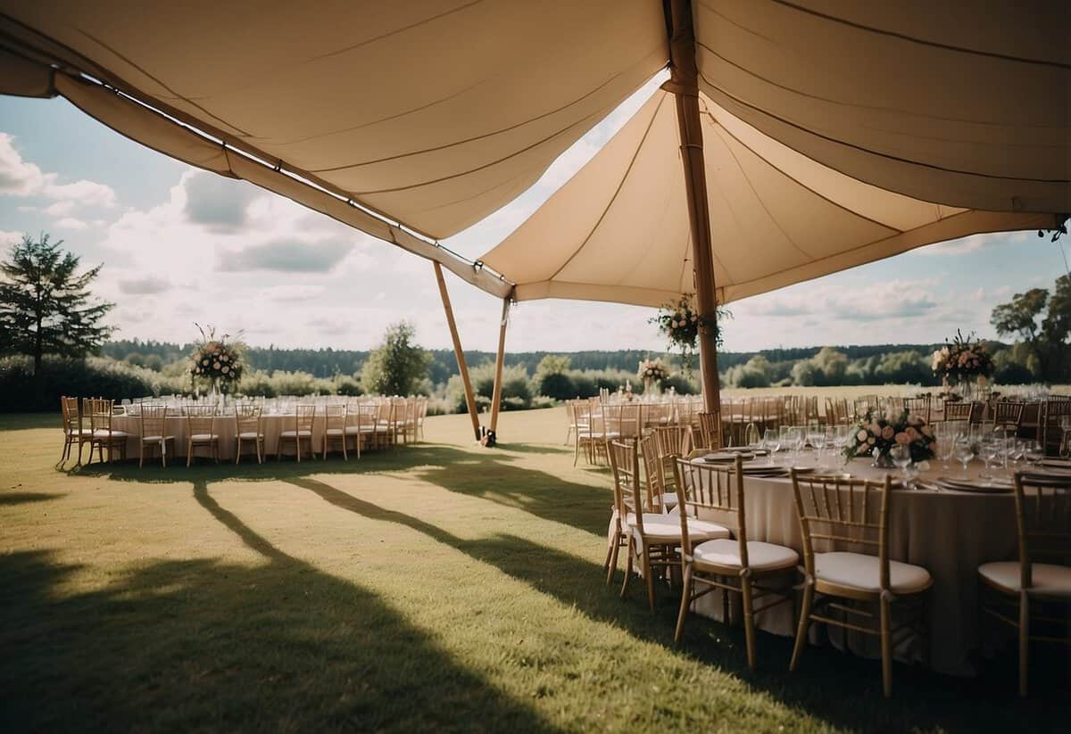 A sturdy tent anchored firmly against strong winds at a wedding venue