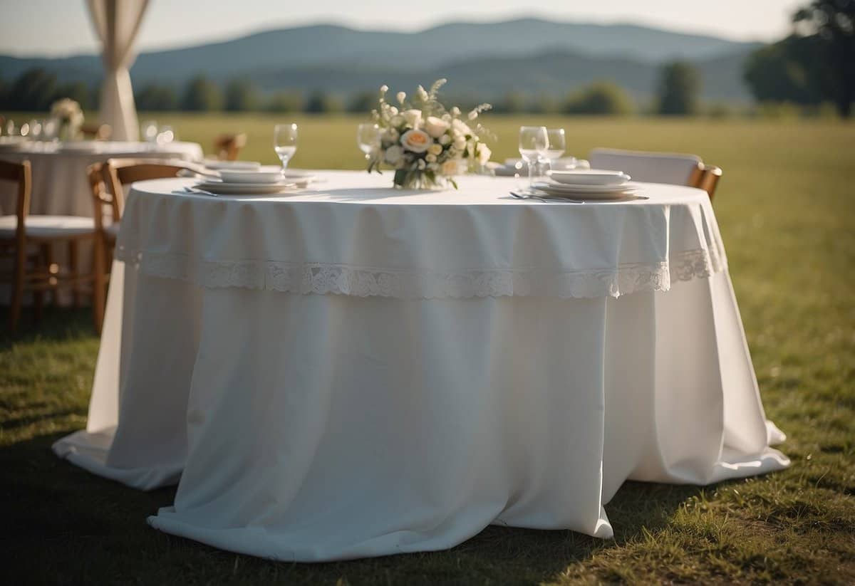 Weighted tablecloths hold down against the wind at a wedding