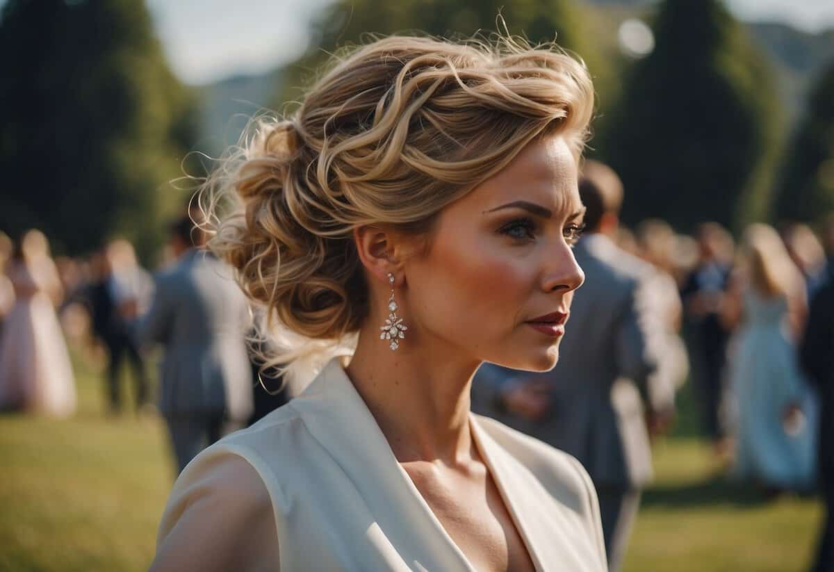 A woman's hairstyle stays in place as she walks through a windy outdoor wedding