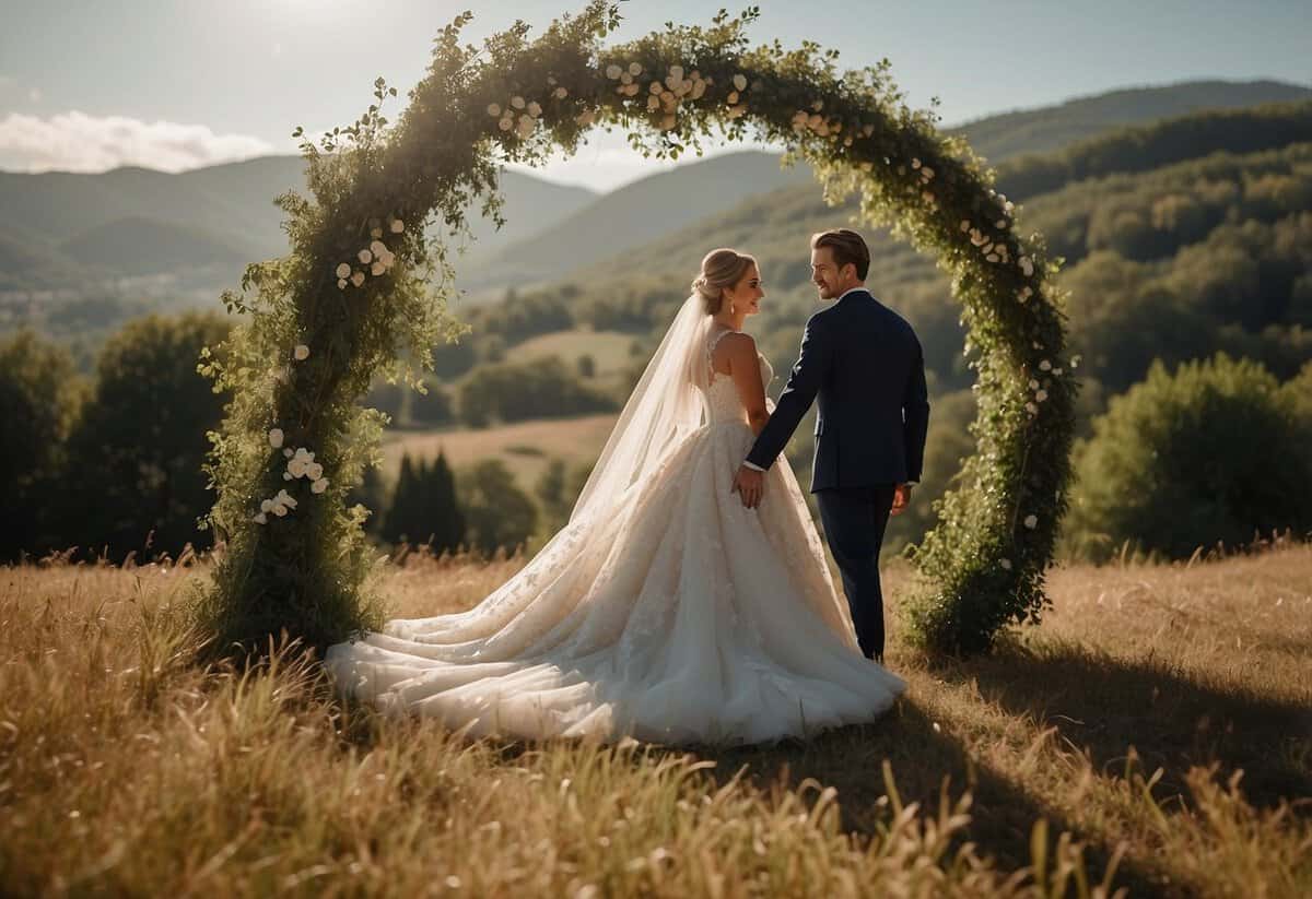 A bride and groom stand on a hill, surrounded by blowing trees. The bride's veil and the groom's tie are fluttering in the wind