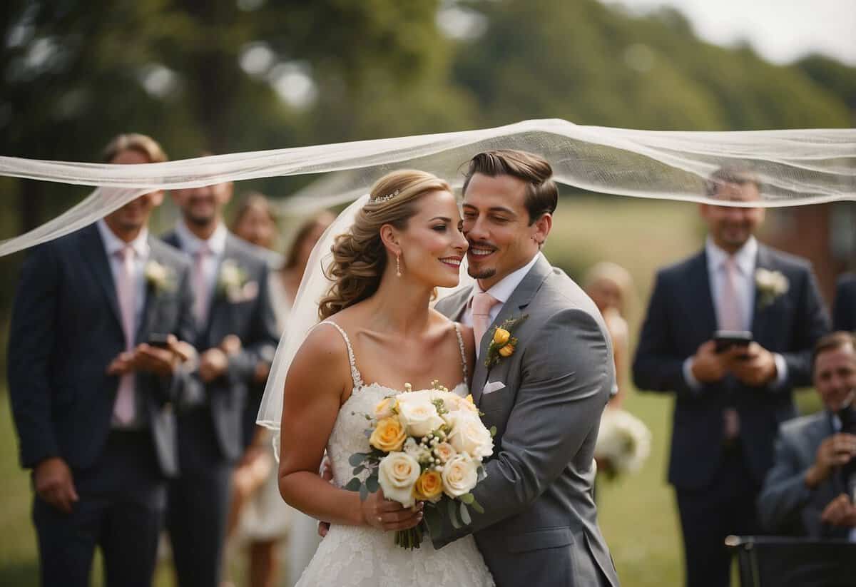 A bride's veil billows in the wind as a groom adjusts his tie. Decorations sway and guests hold onto their hats