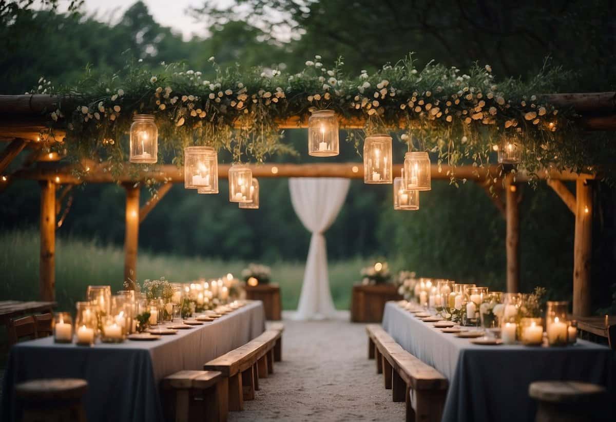 A rustic outdoor wedding with flowing fabric draped over wooden arches, surrounded by wildflowers and flickering candles