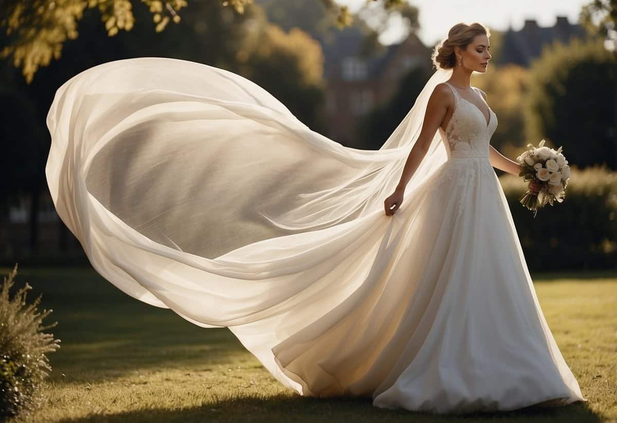 A bride's flowing gown and veil billow in the wind, while guests' dresses and suits flutter in the breeze