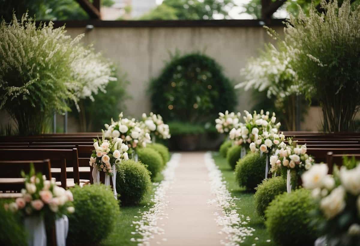 A wedding aisle lined with lush greenery and blooming floral accents, creating a natural and romantic atmosphere