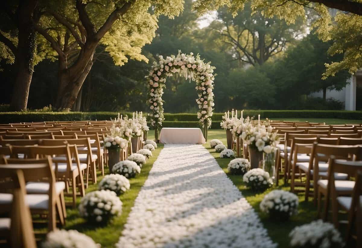 A lush garden wedding aisle with eco-friendly decorations, surrounded by trees and blooming flowers, with biodegradable materials and minimal environmental impact